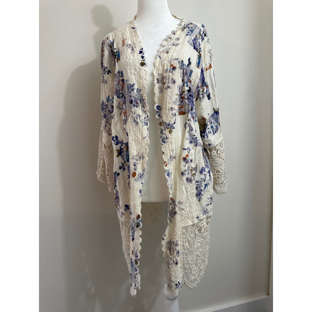 Boho Floral Crochet Lace Kimono Cardigan Ivory Blue Bell Sleeve Open Front